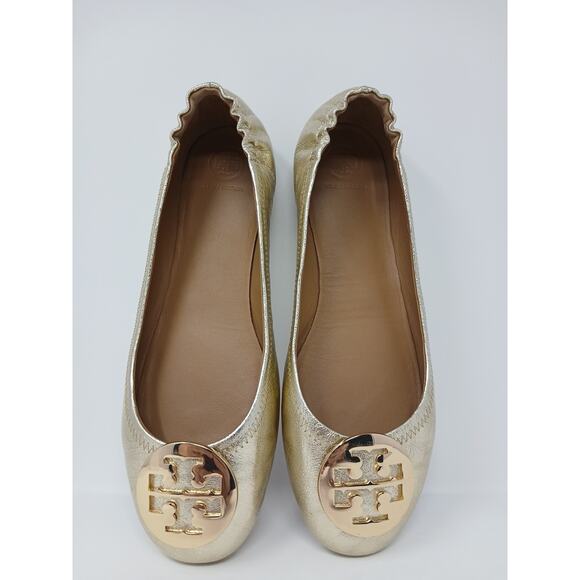Tory Burch Minnie Travel Ballet With Logo Spark Gold Shoes Women’s Sz 10.5 New - Picture 12 of 16